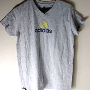 adidas Light Gray V-Neck Tee with Yellow Logo Accent